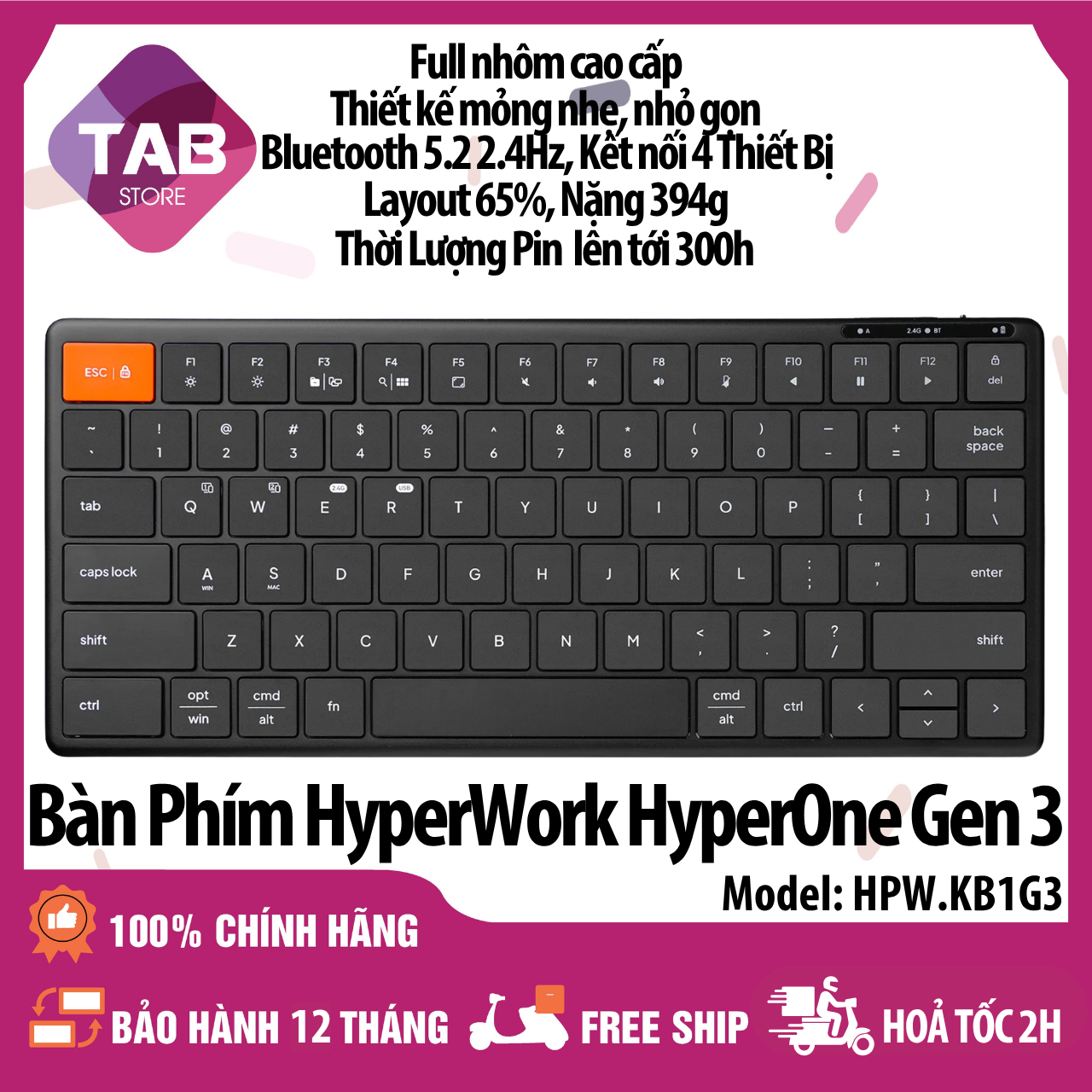 Bàn Phím Không Dây HyperWork HyperOne Gen 3 Pin 300h, Full Nhôm - Bảo Hành 12 Tháng - Gen 3 Đen