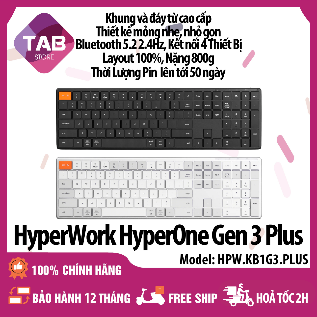 Bàn Phím Không Dây HyperWork HyperOne Gen 3 Plus Pin 50 Ngày, Full Nhôm - Bảo Hành 12 Tháng