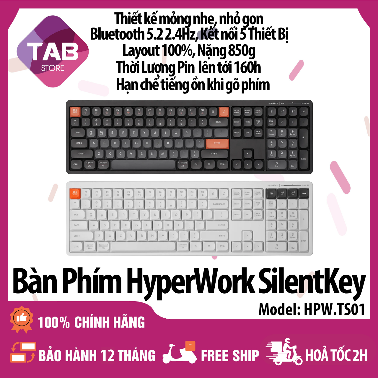Bàn Phím Không Dây HyperWork SilentKey, Full Size Pin 500mAh - Bảo Hành 12 Tháng