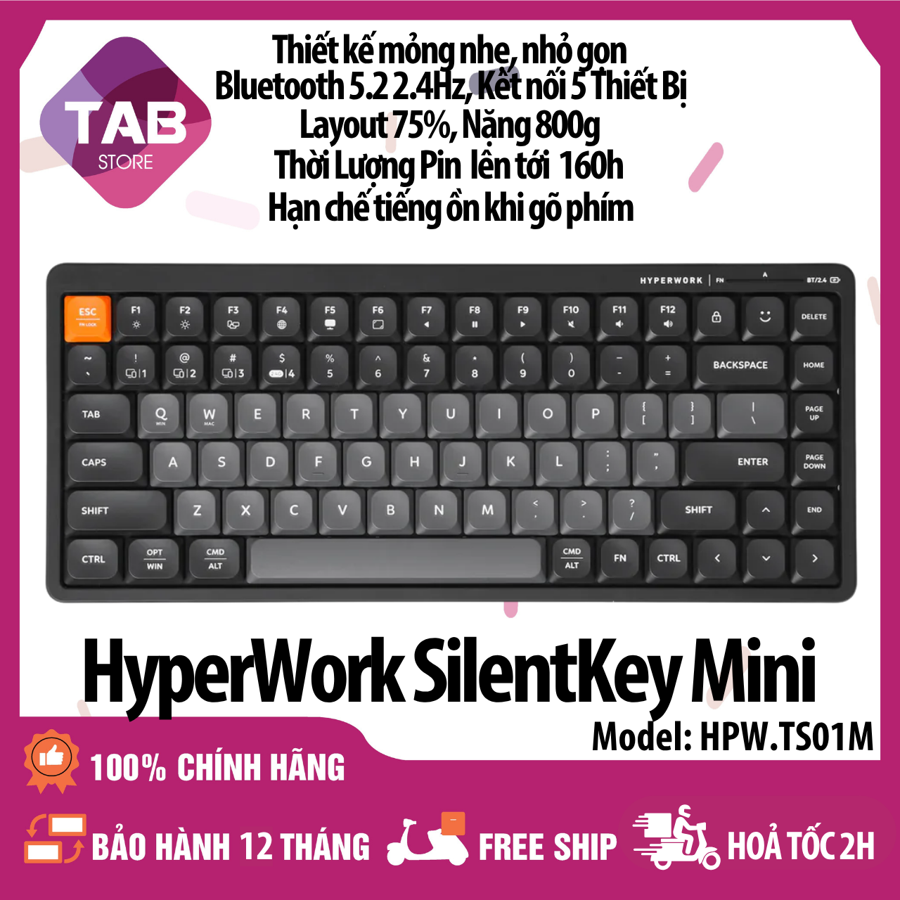 Bàn Phím Không Dây HyperWork SilentKey Mini, Layout 75%, Pin 500mAh - Bảo Hành 12 Tháng