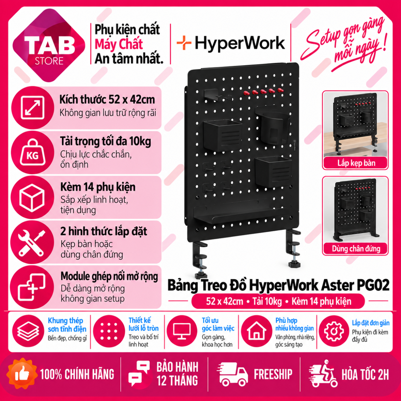 Bảng Treo Đồ HyperWork Aster PG02 52x42cm, Tải 10kg, Kèm 14 Phụ Kiện - Bảo Hành 12 Tháng