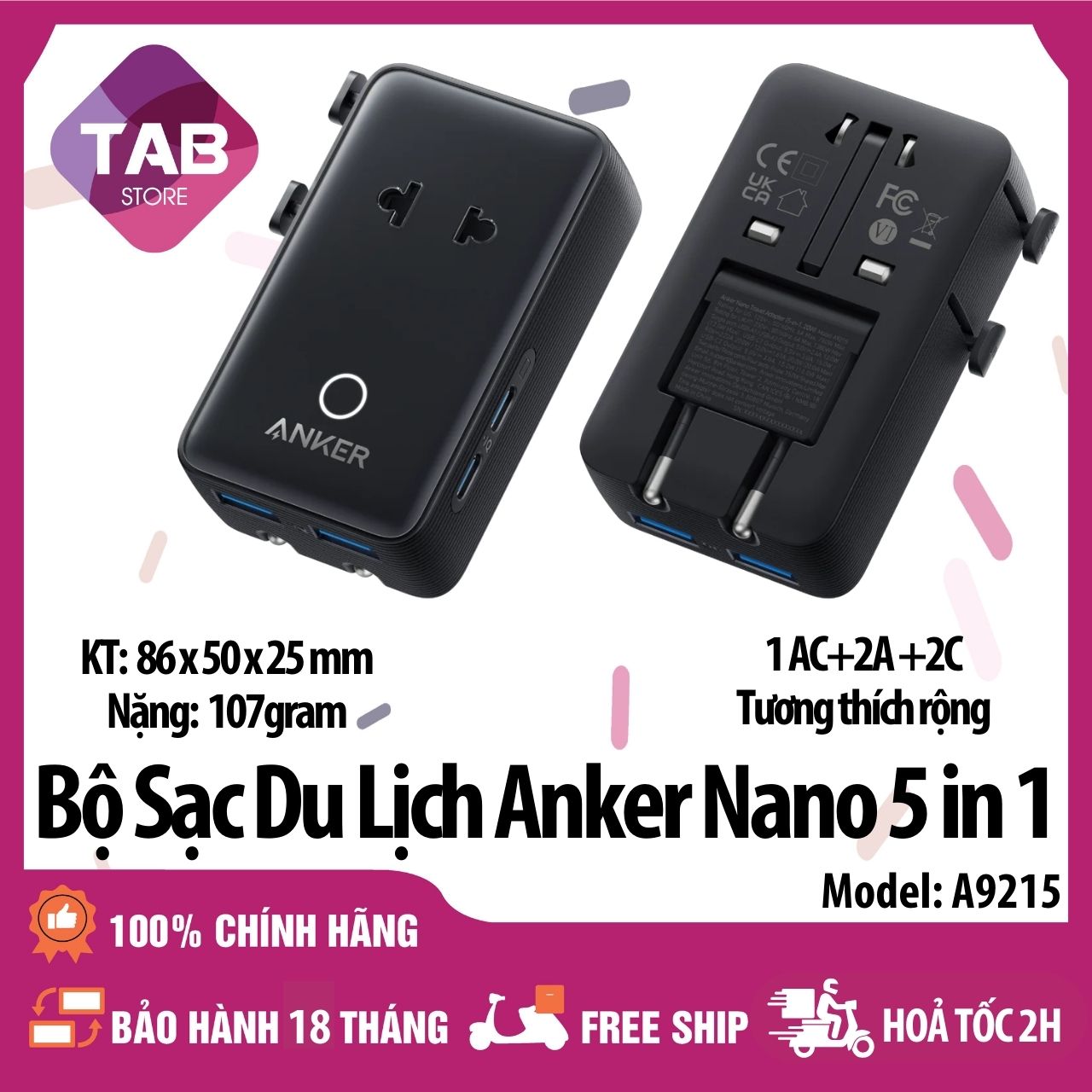 Bộ Sạc Du Lịch Anker Nano 5 Trong 1 1AC+2A+2C A9215 - Bảo Hành 18 Tháng