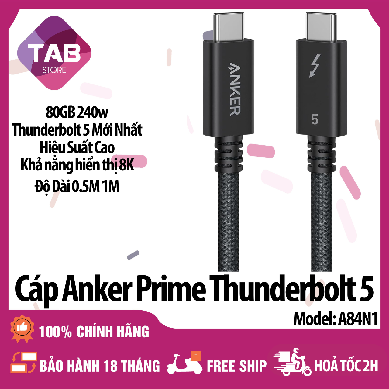 Cáp Anker Prime Thunderbolt 5 1M, 0.5M 80G 240w A84N1 - Bảo Hành 18 Tháng
