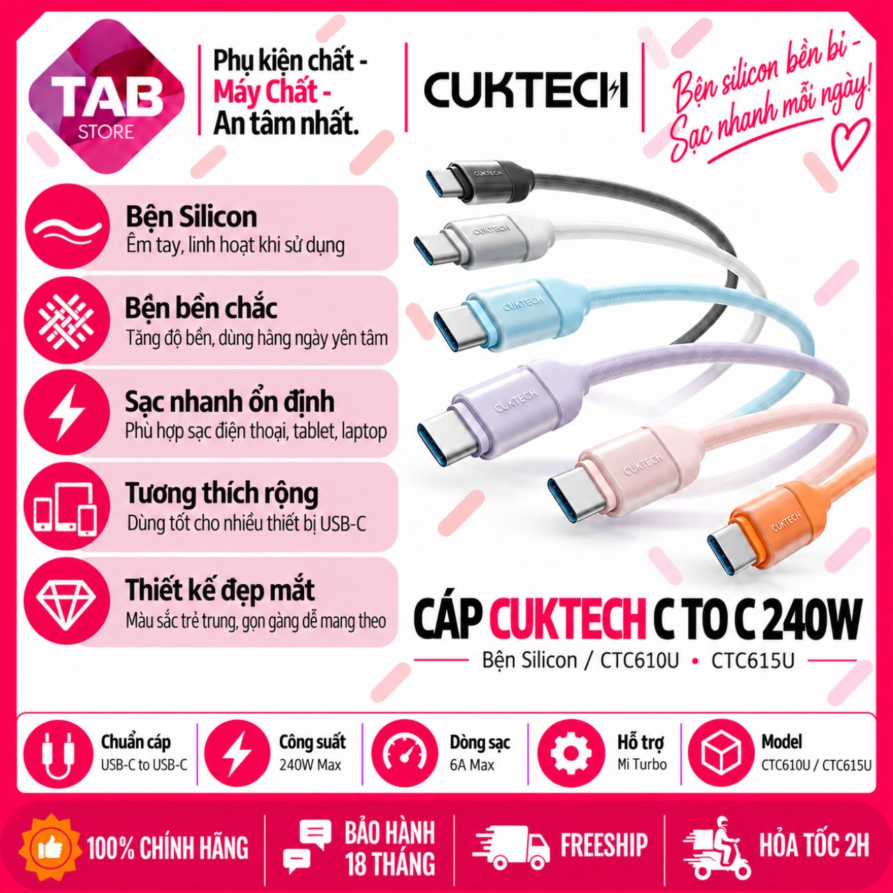 Cáp CUKTECH C To C Bện Silicon Mềm Mịn, 6A 240W, Hỗ Trợ Mi Turbo CTC610U / CTC615U - Bảo Hành 18 Tháng