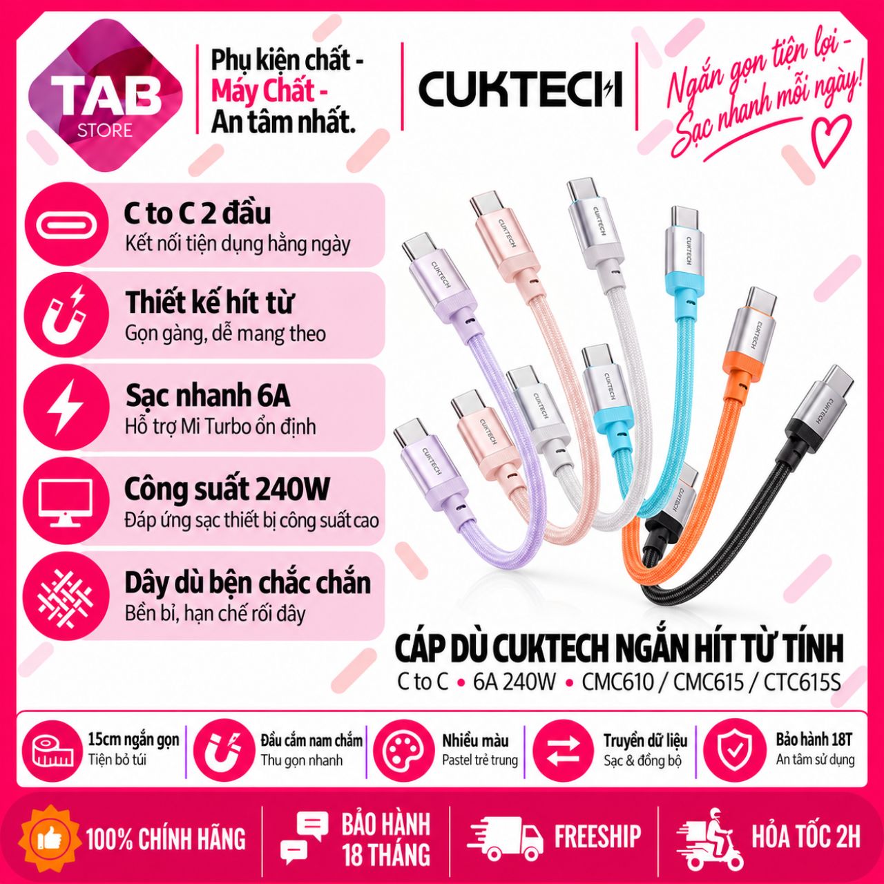 Cáp Dù Cuktech Ngắn Hít Từ Tính C To C 6A 240w Hỗ Trợ Mi Turbro CTC615S - Bảo Hành 18 Tháng