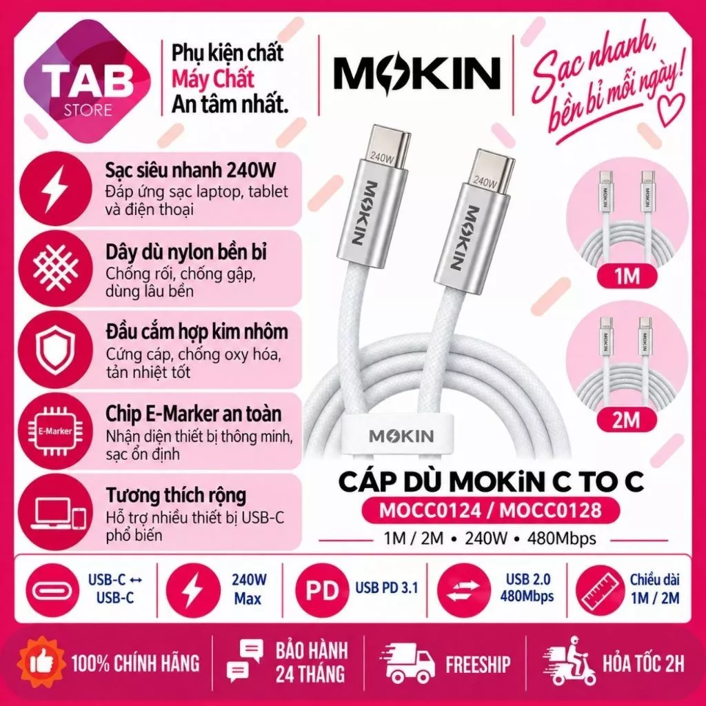 Cáp Dù MOKiN C-C 1M/2M 240W MOCC0124/MOCC0128 Chính Hãng - Bảo Hành 24 Tháng