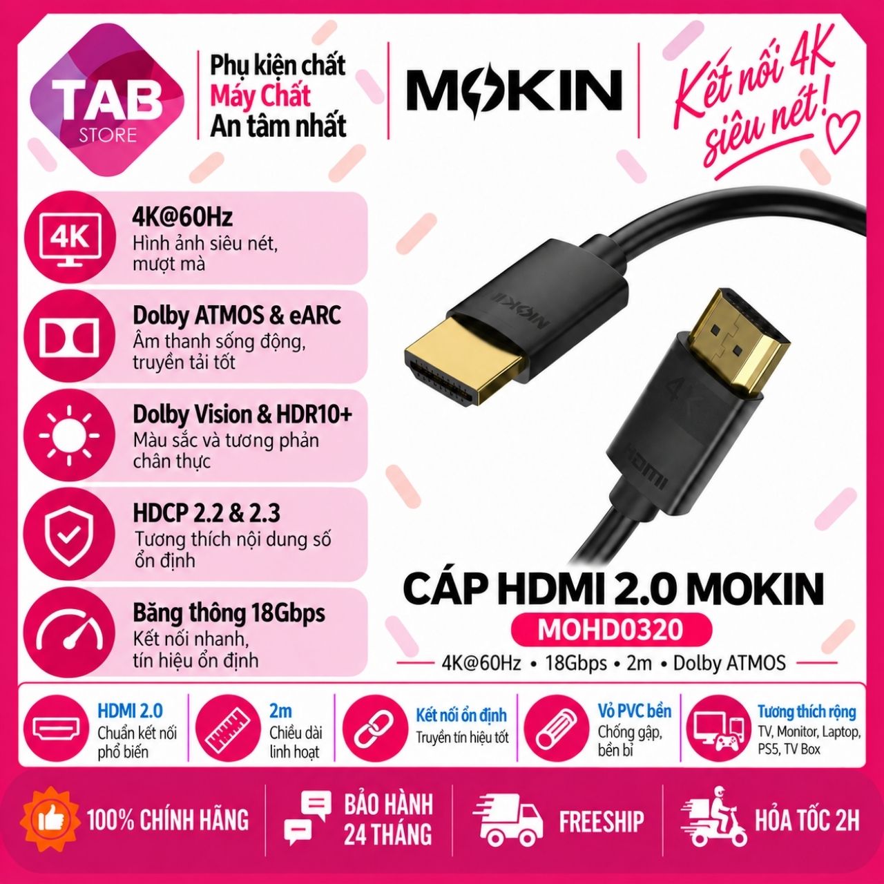 Cáp HDMI 2.0 MOKiN MOHD0320 2M, 4K@60Hz, 18Gbps, Dolby Atmos - Bảo Hành 24 Tháng