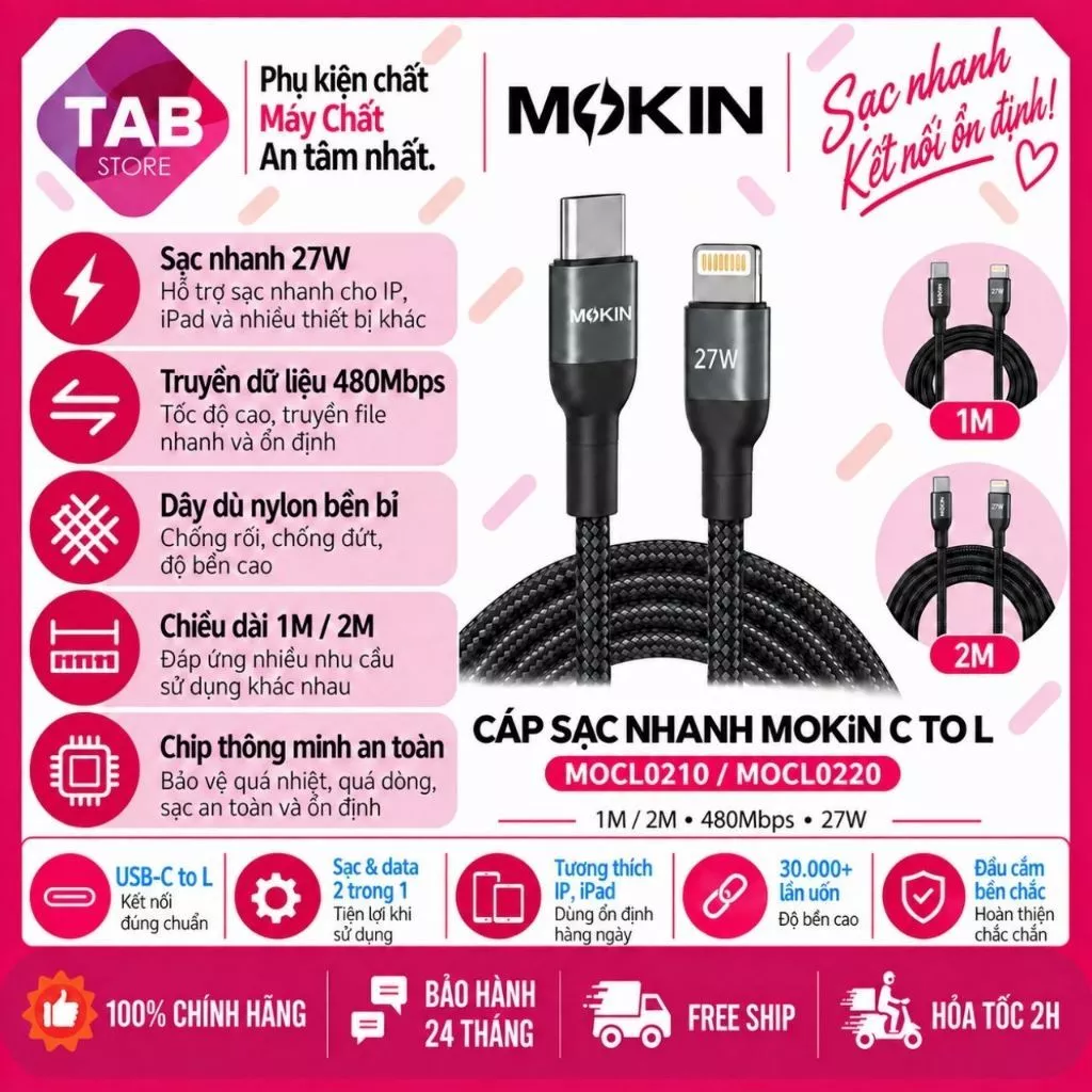 Cáp Sạc Nhanh MOKiN C to L 1M/2M MOCL0210/MOCL0220, 27W, 480Mbps - Bảo Hành 24 Tháng