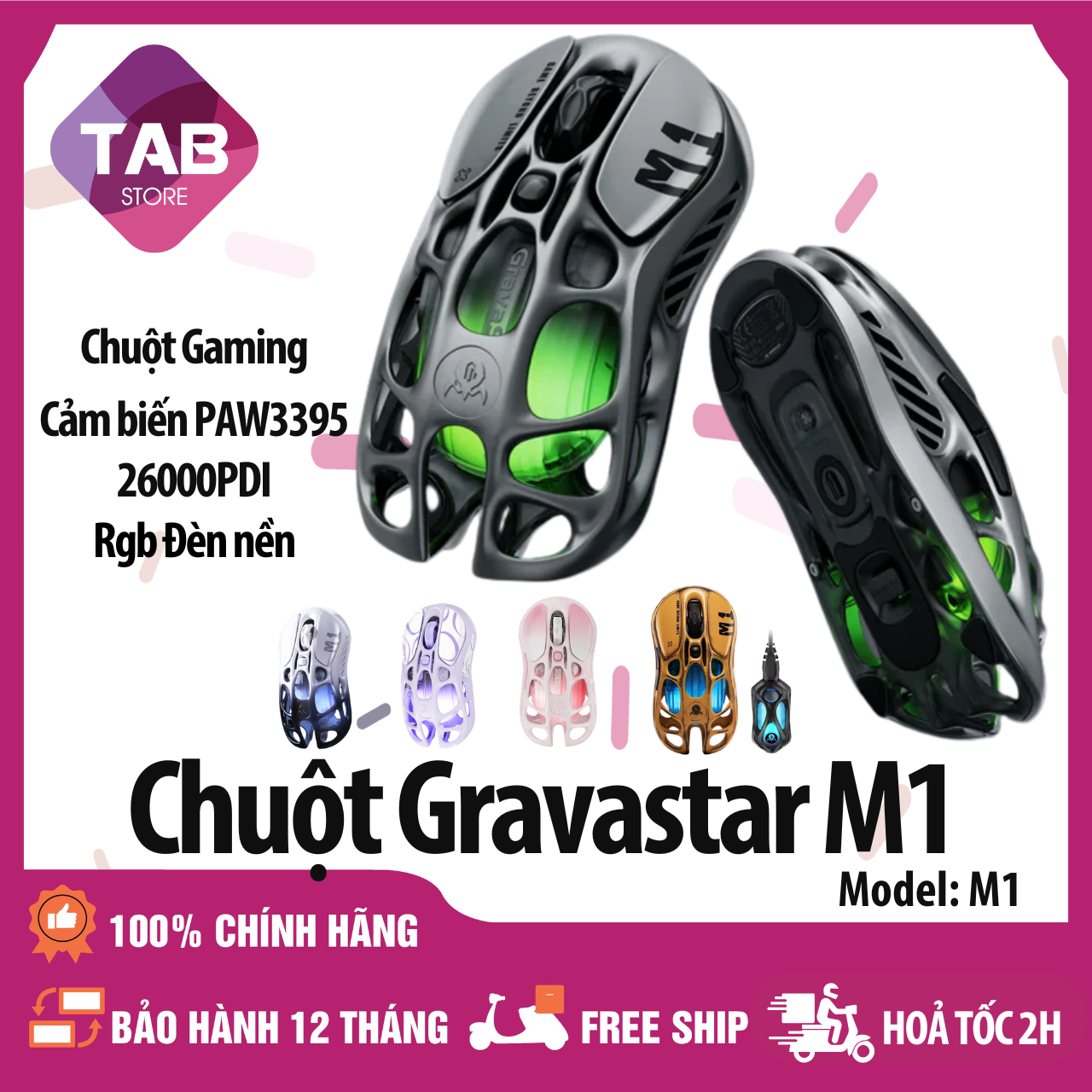 Chuột Gravastar Mercury M1 Pro 26000dpi PAW3395 Thiết Kế Rộng RGB Chính Hãng - Bảo Hành 12 Tháng