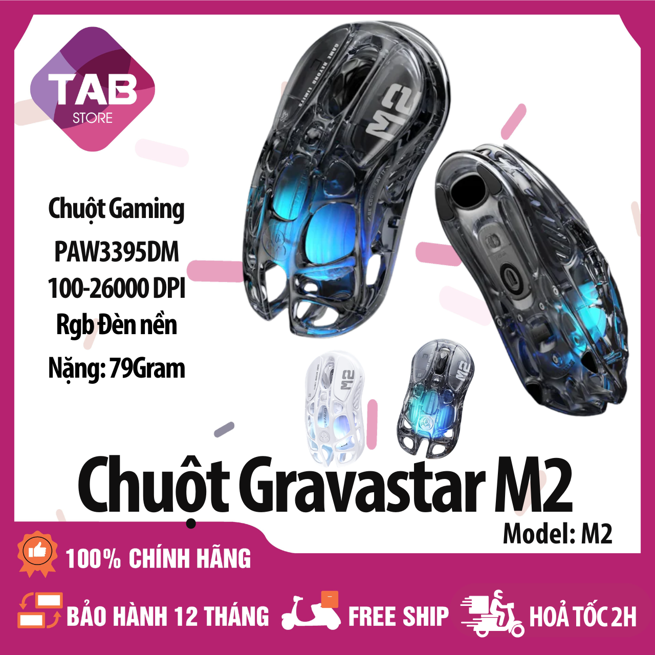 Chuột Gravastar Mercury M2 26000dpi PAW3395DM Thiết Kế Rộng RGB Chính Hãng - Bảo Hành 12 Tháng