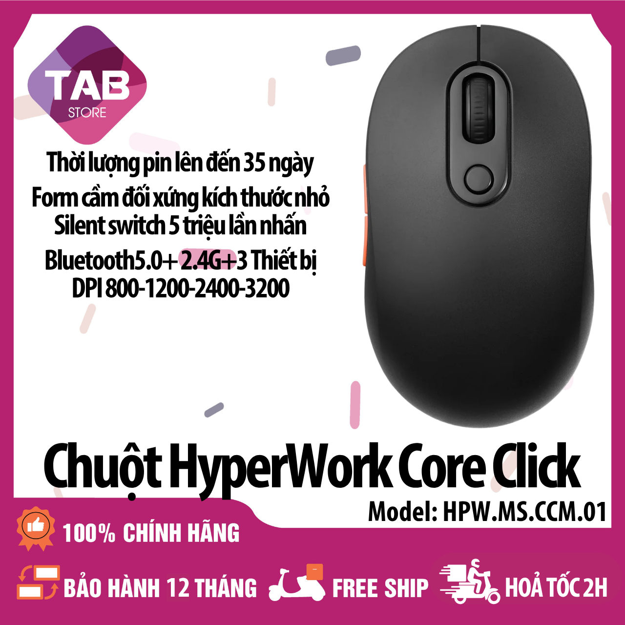 Chuột Không Dây HyperWork Core Click, Bluetooth 5.0, Nhỏ Gọn - Bảo Hành 12 Tháng - Đen