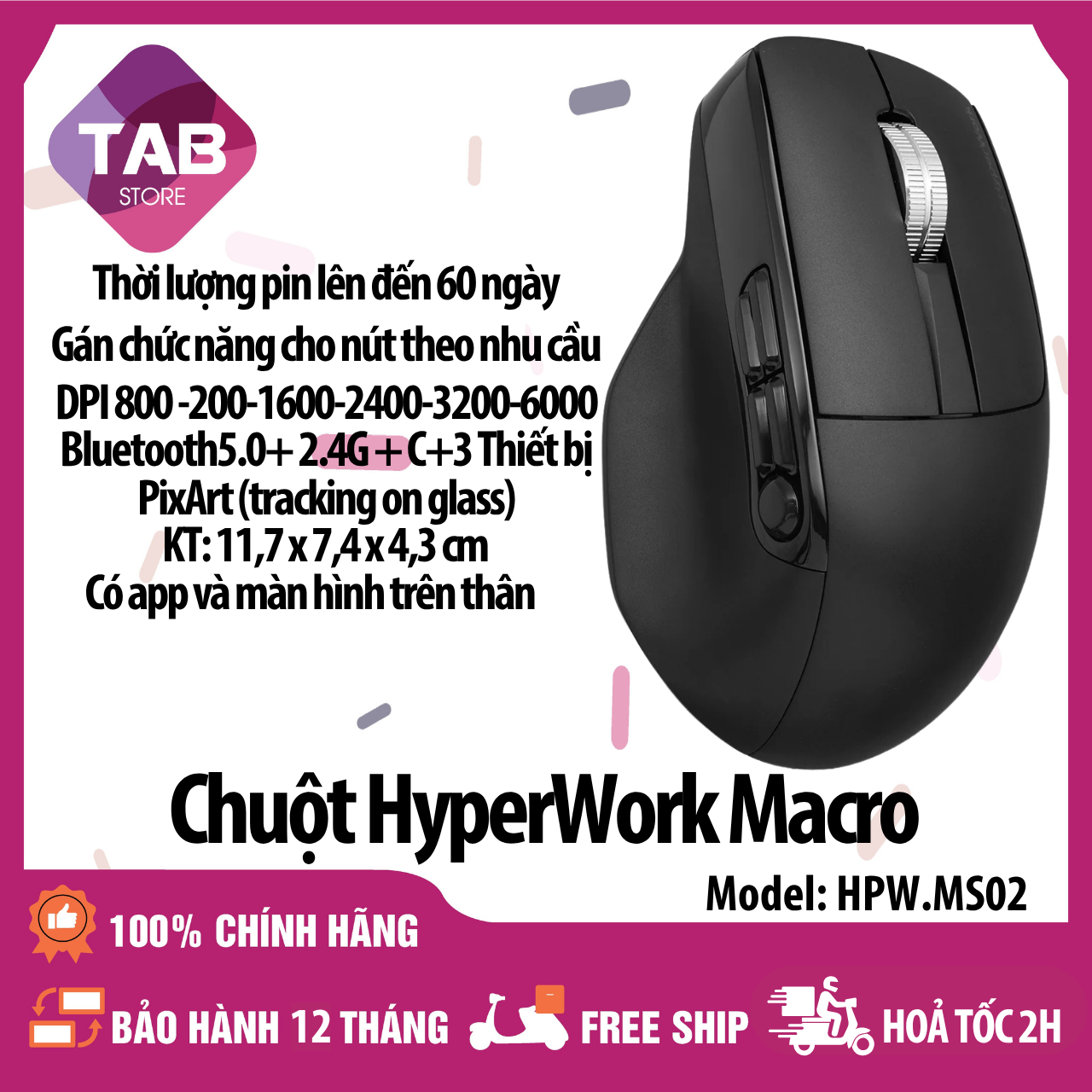Chuột Không Dây HyperWork Macro, PI 6000, Pin 750mAh, Thiết Kế Công Thái Học HPW.MS02 - Bảo Hành 12 Tháng - Đen