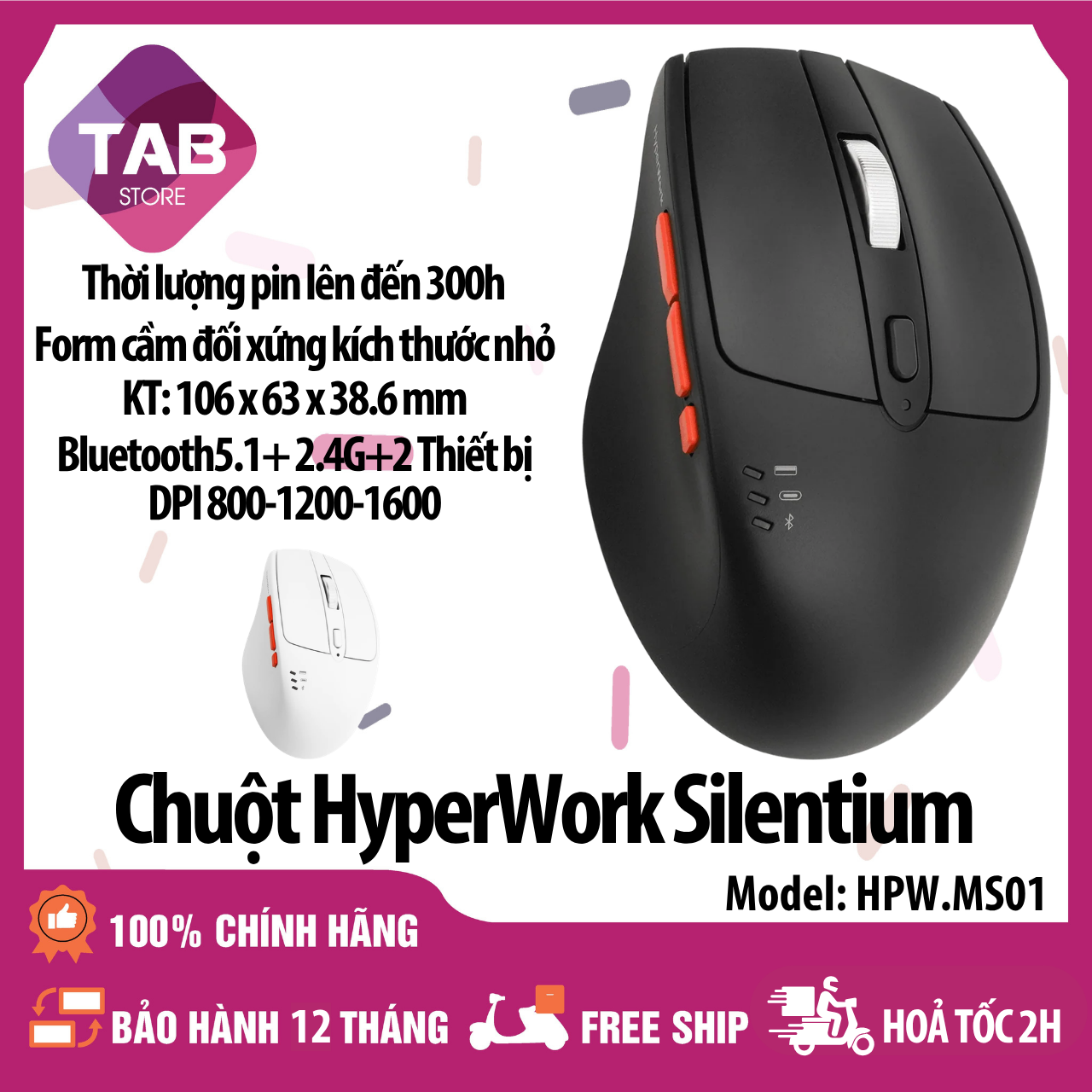 Chuột Không Dây HyperWork Silentium, Bluetooth 5.1, Nhỏ Gọn - Bảo Hành 12 Tháng