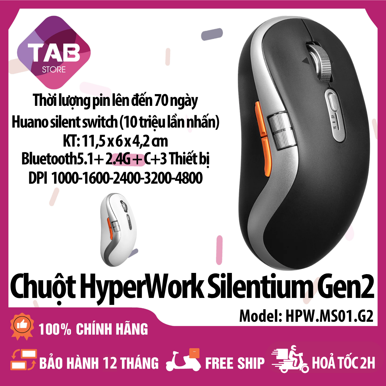 Chuột Không Dây HyperWork Silentium Gen 2, Bluetooth 5.1, Nhỏ Gọn MS01.G2 - Bảo Hành 12 Tháng