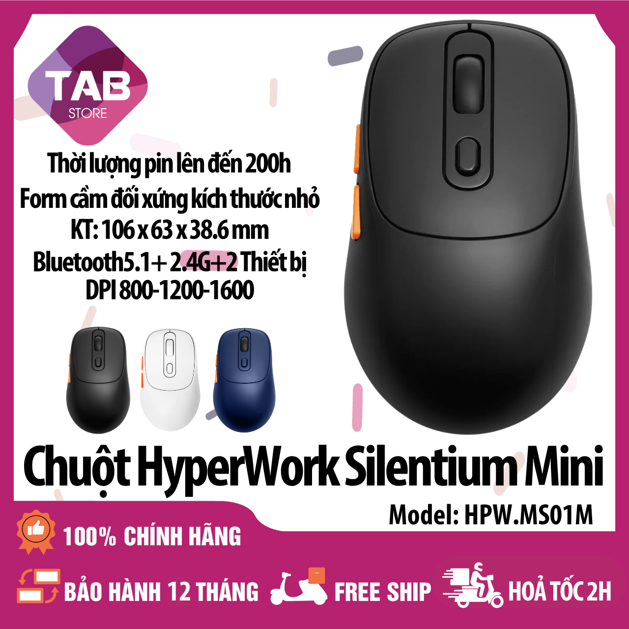 Chuột Không Dây HyperWork Silentium Mini, Bluetooth 5.1, Nhỏ Gọn - Bảo Hành 12 Tháng