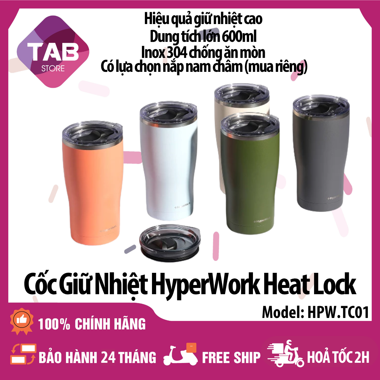 Cốc Giữ Nhiệt HyperWork Heat Lock TC01, Inox 304, Có nắp, Giữ Nóng Lạnh