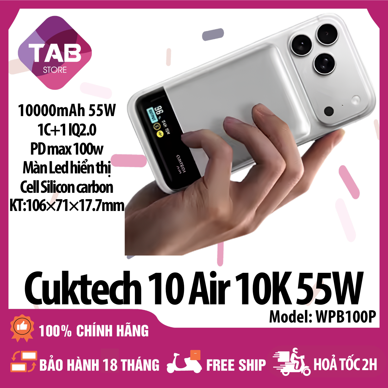 Cuktech 10 Air Sạc Không Dây 10000mAh 55W WPB100P - Bảo Hành 18 Tháng