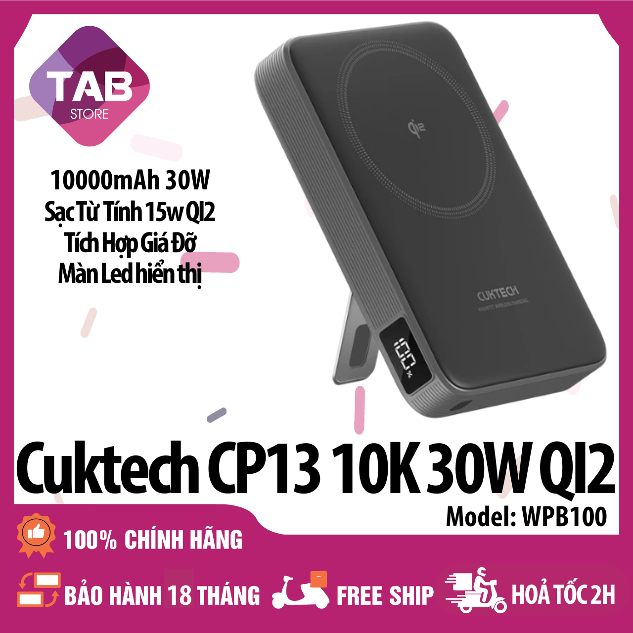 Cuktech CP13 Sạc Không Dây 10000mAh 30W QI2 WPB100 - Bảo Hành 18 Tháng - Màu Xám