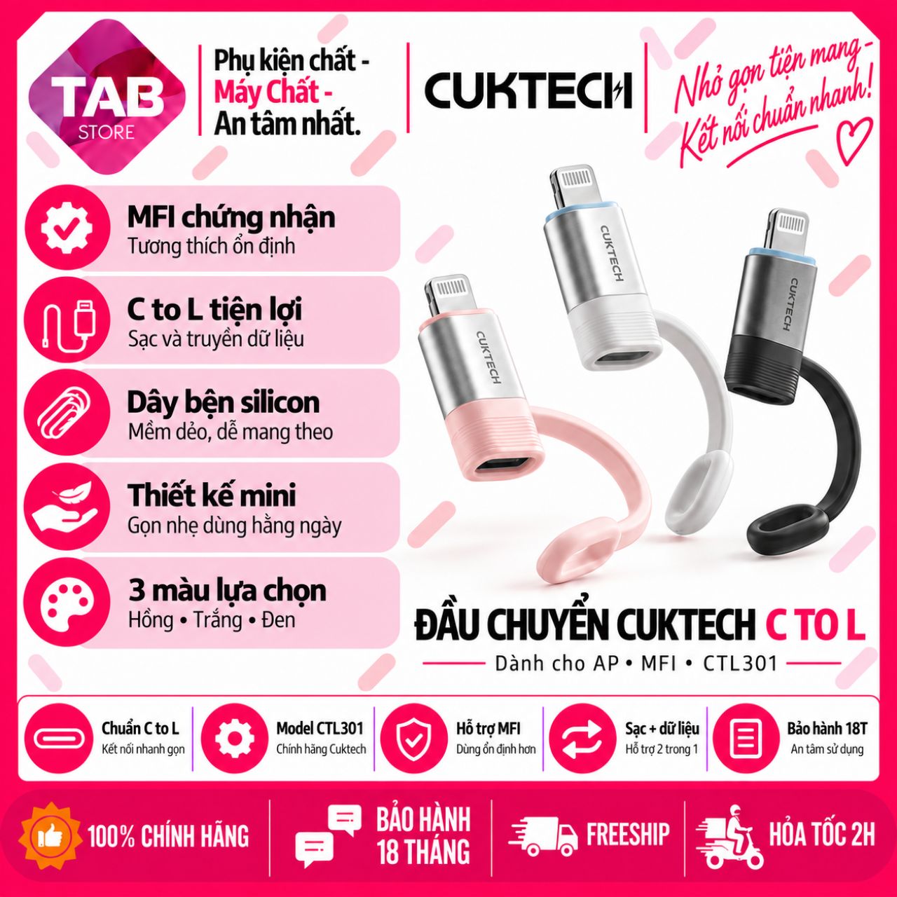 Đầu Chuyển Đổi CUKTECH USB-C To L, MFi, Truyền Dữ Liệu 480Mbps CTL301 Chính Hãng - Bảo Hành 18 Tháng