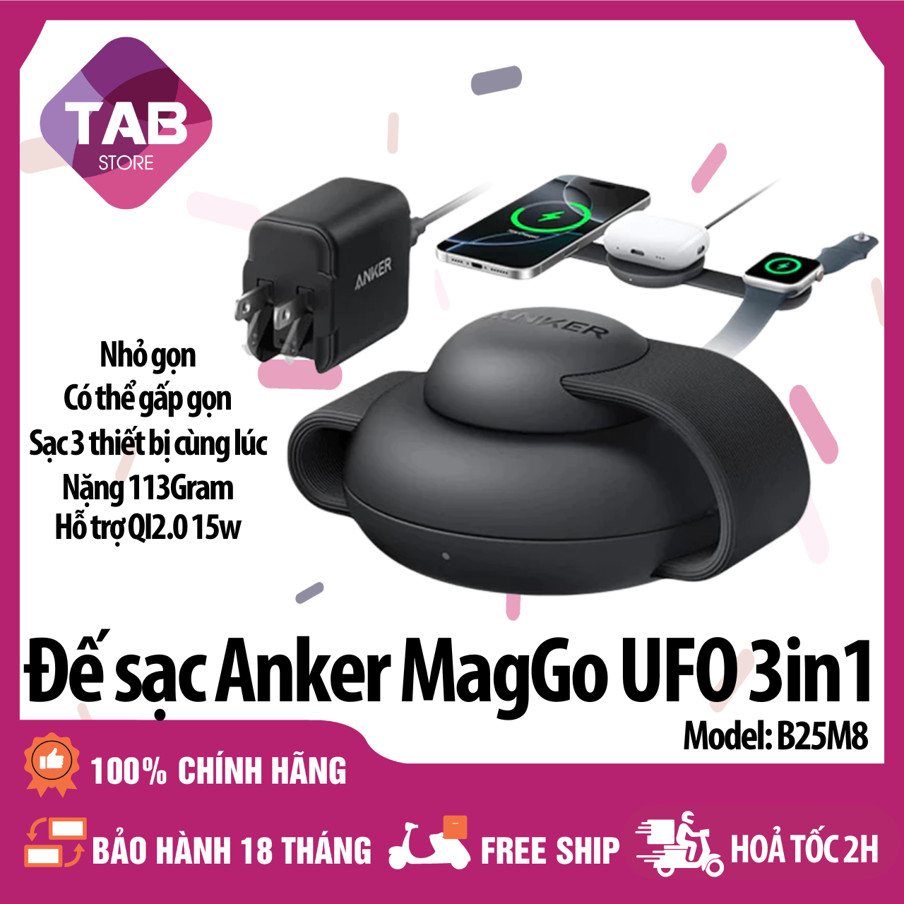 Đế sạc Anker MagGo UFO 1C 15W 3-in-1 B25M8 - Bảo Hành 18 Tháng