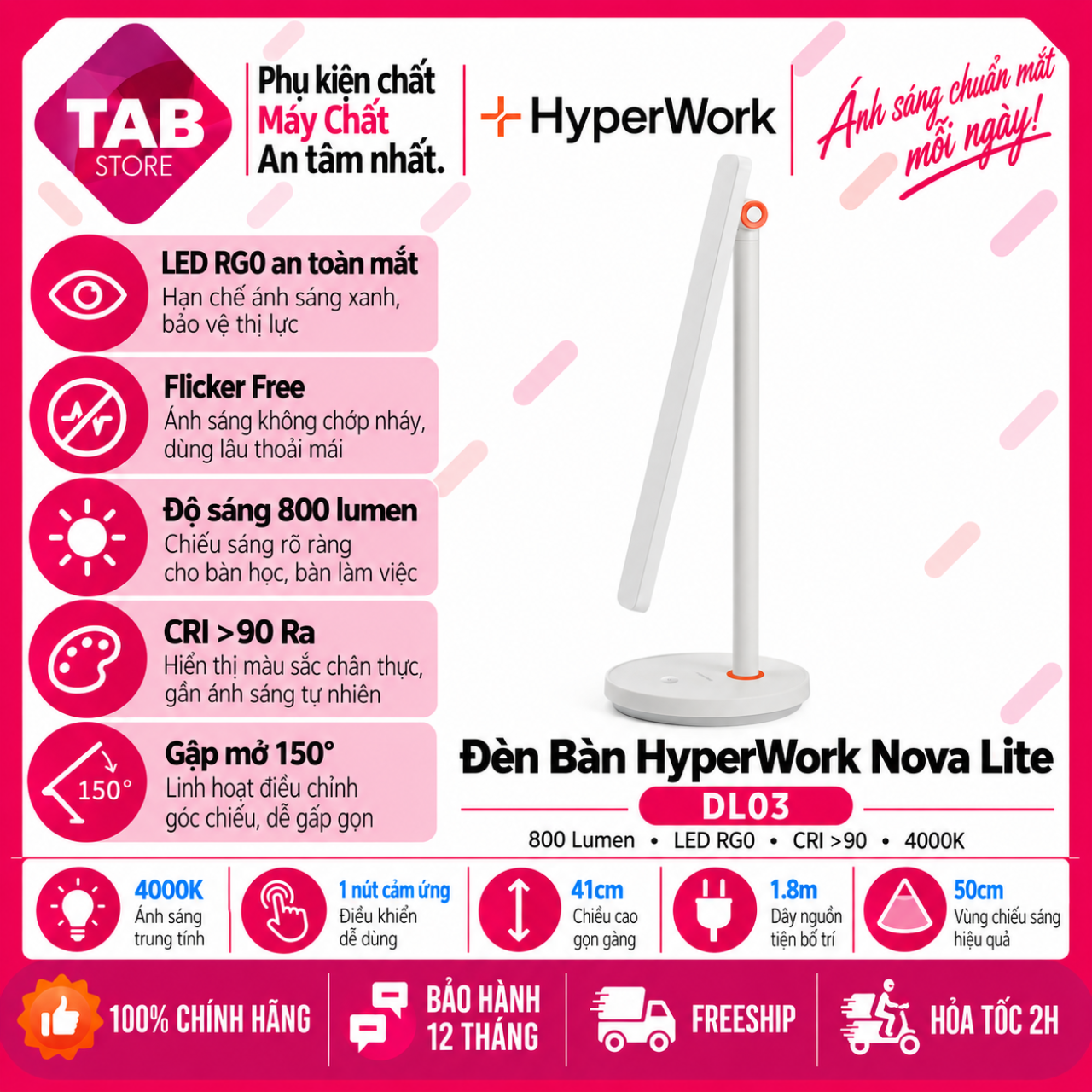 Đèn Bàn HyperWork Nova Lite DL03, 800 Lumen, LED RG0, CRI >90 - Bảo Hành 12 Tháng
