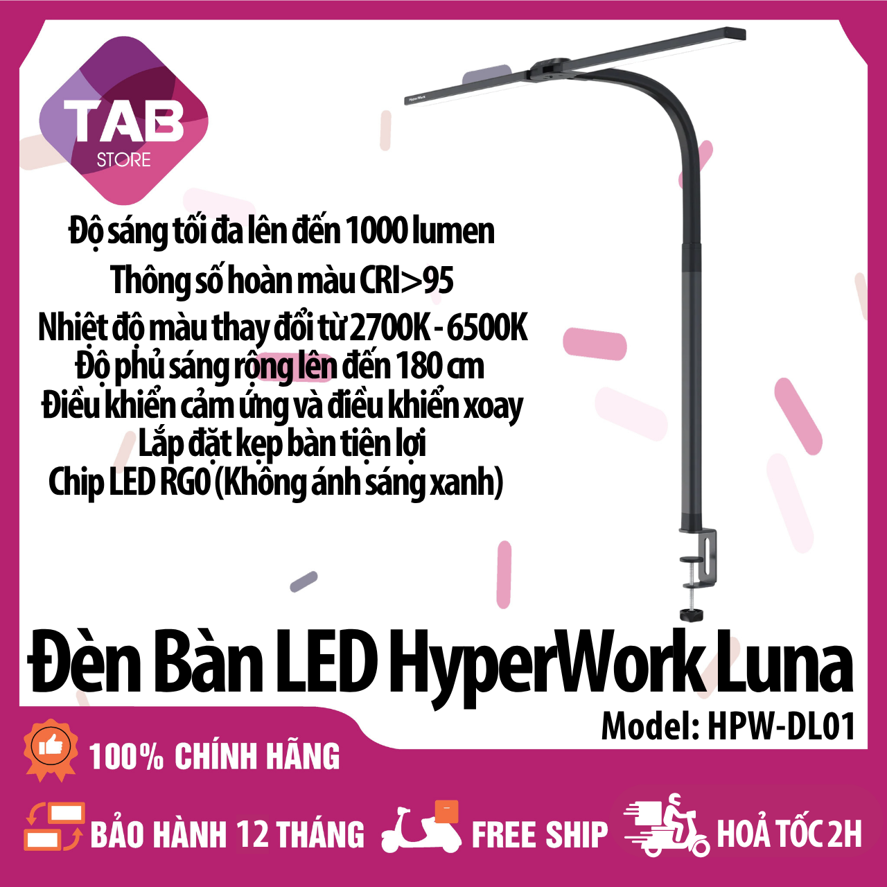 Đèn Bàn Led HyperWork Luna, 1000Lumen, CRI>95, Không Ánh Sáng Xanh DL01 - Bảo Hành 12 Tháng