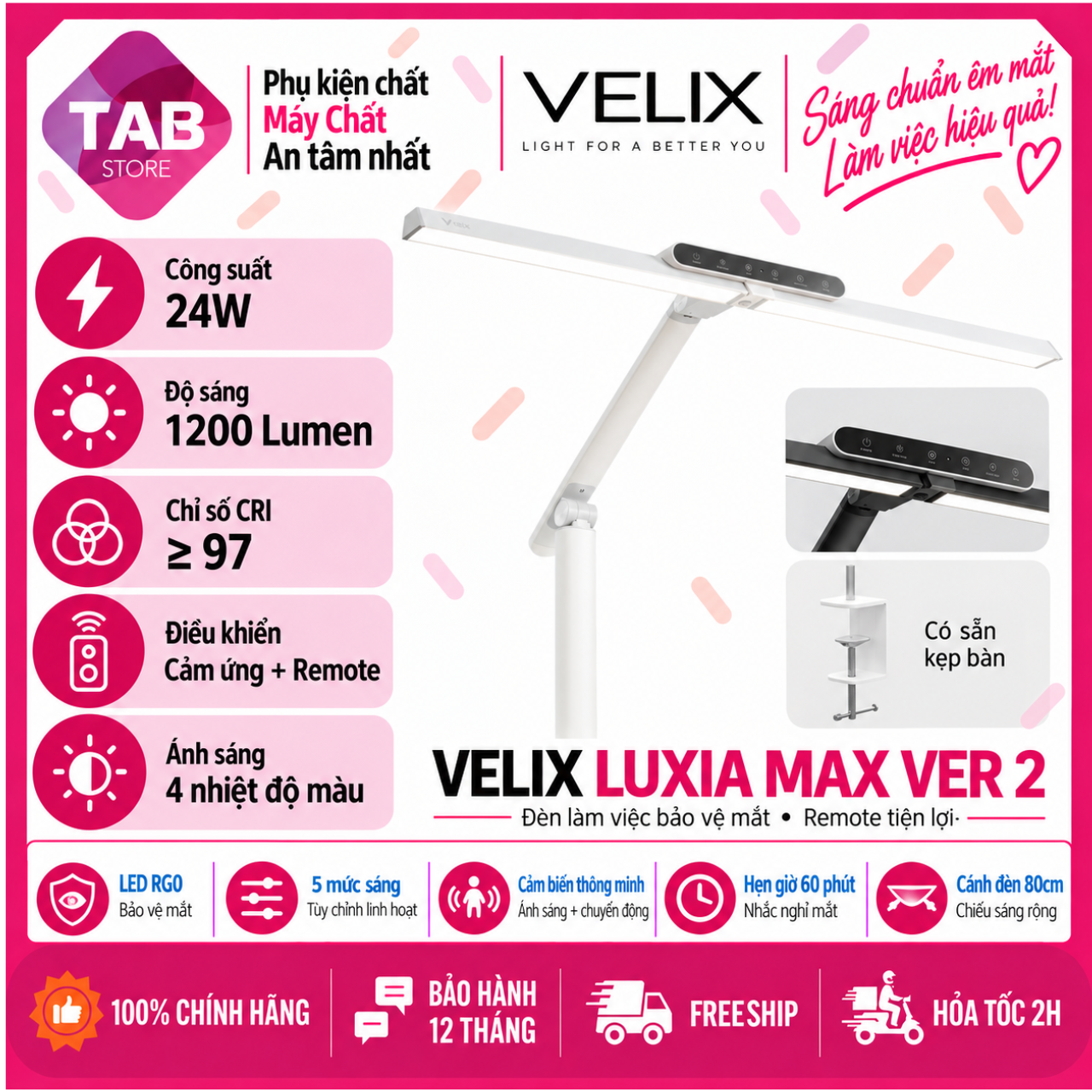 Đèn Bảo Vệ Mắt Velix Luxia Max Ver 2, 24W, 1200 Lumen, CRI ≥97, Remote - Bảo Hành 12 Tháng