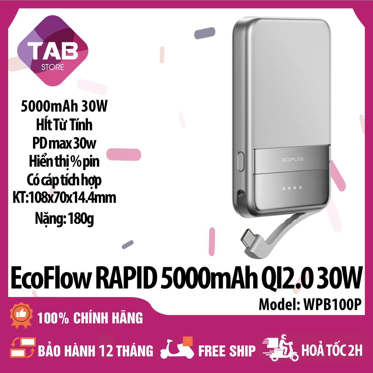 EcoFlow RAPID 5000mAh Hít Từ Tính, Chuẩn Qi2 15W, Cáp Tích Hợp PD 30w - Bảo Hành 12 Tháng - Màu Xám 5000mAh