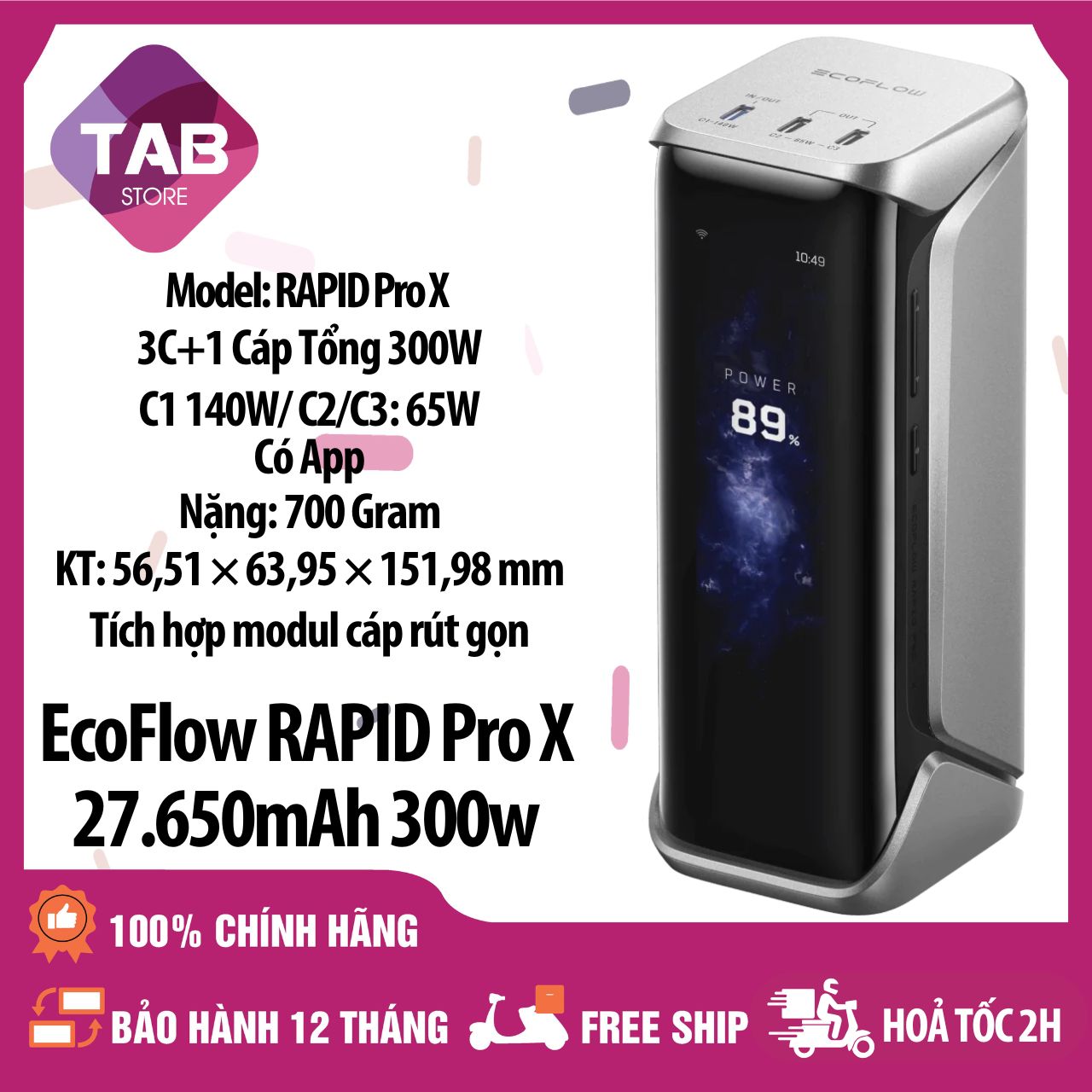EcoFlow RAPID Pro X 27650mAh, 3C+Cáp Tổng 300W, Có Cáp Tích Hợp - Bảo Hành 1/12 Tháng