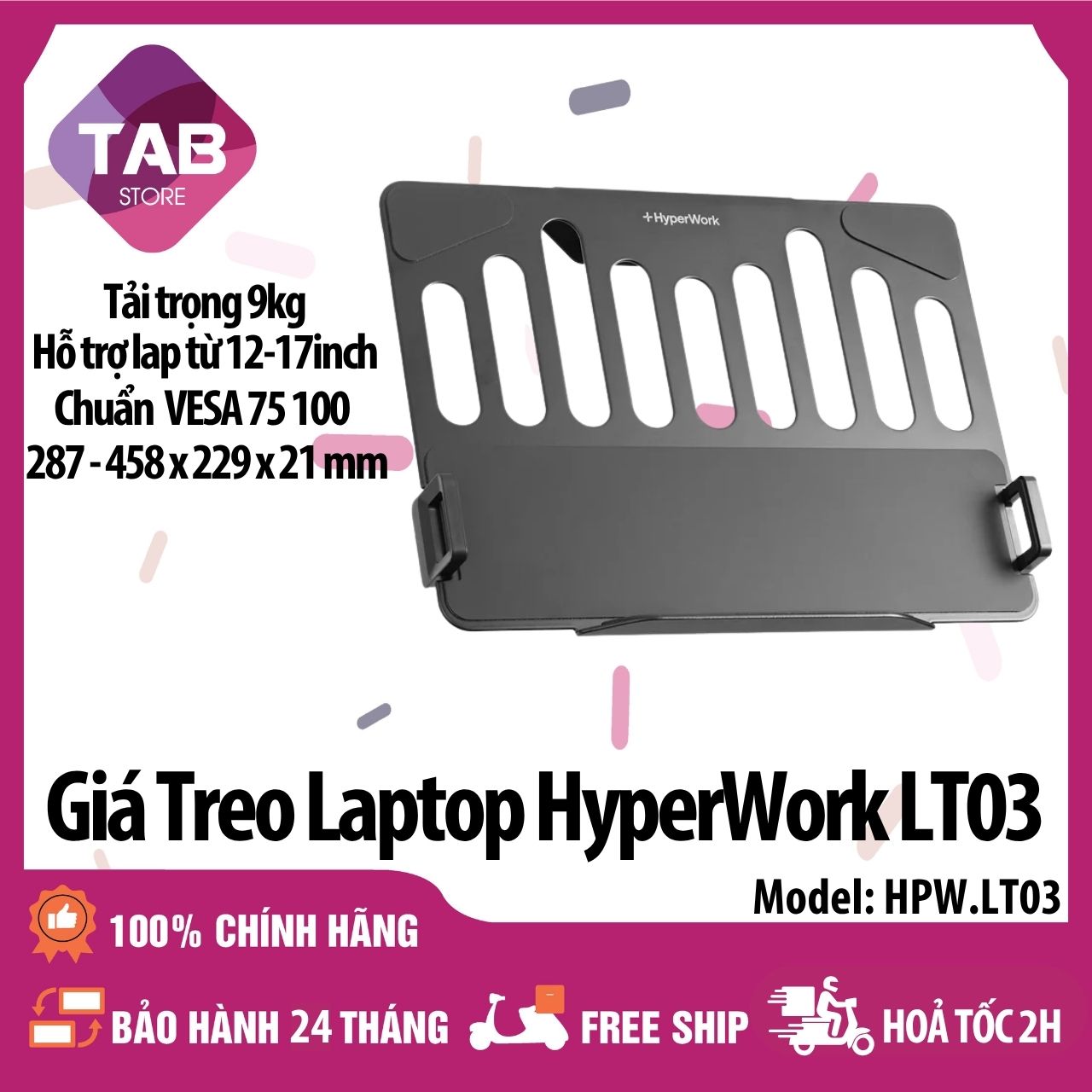 Giá Đỡ Laptop HyperWork LT03, Trọng tải 9kg, Hỗ Trợ 12-19 inch, Chuẩn VESA 75 100 - Bảo Hành 24 Tháng - Đen