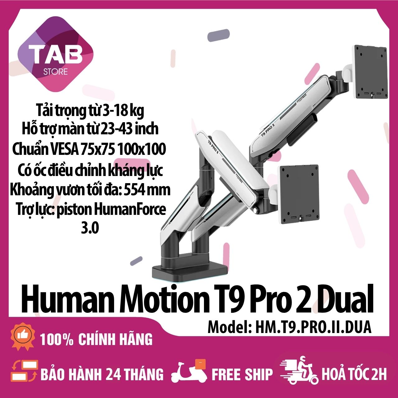 Giá Đỡ Màn Hình Đôi Human Motion T9 Pro 2 Dual Trợ Lực Piston HumanForce 3.0 - Bảo Hành 24 Tháng