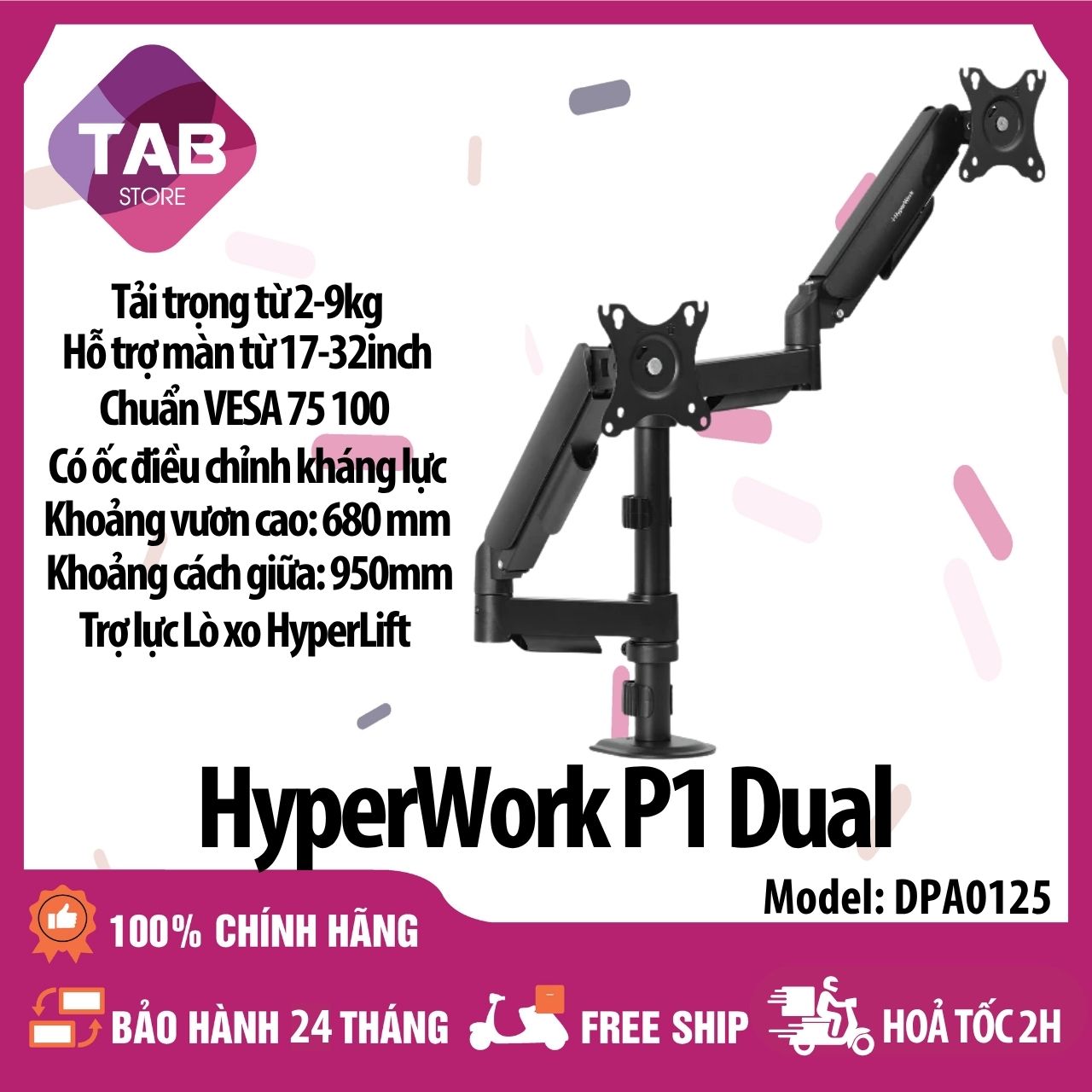 Giá Đỡ Màn Hình Đôi HyperWork P1 Dual, Trọng tải 2-9kg, Nâng màn 17-32 inch - Bảo Hành 24 Tháng - Đen
