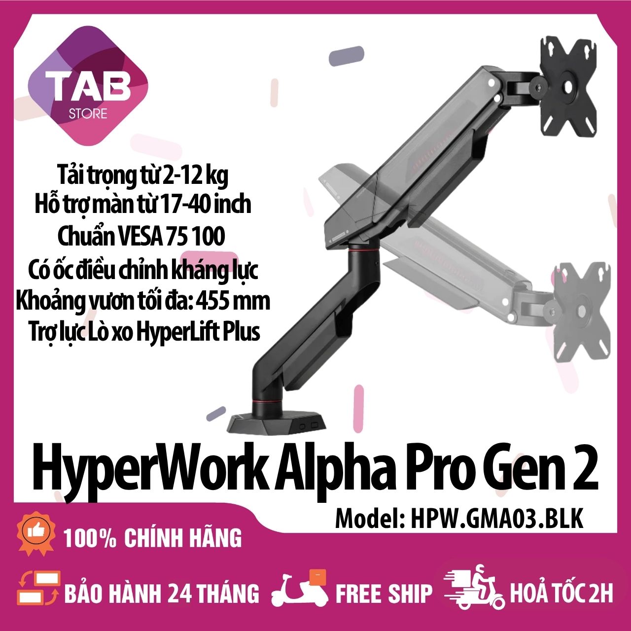 Giá Đỡ Màn Hình HyperWork Alpha Pro Gen 2, Trọng tải 2-12kg, Nâng màn 17-40 inch - Bảo Hành 24 Tháng - Đen Đỏ