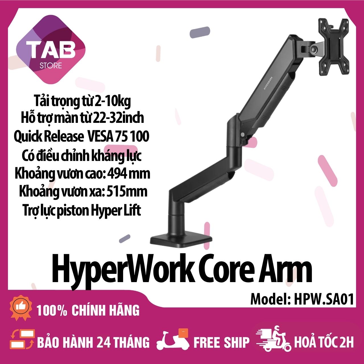 Giá Đỡ Màn Hình HyperWork Core Arm SA01, Trọng tải 2-10kg, Nâng màn 22-32 inch - Bảo Hành 24 Tháng - Đen