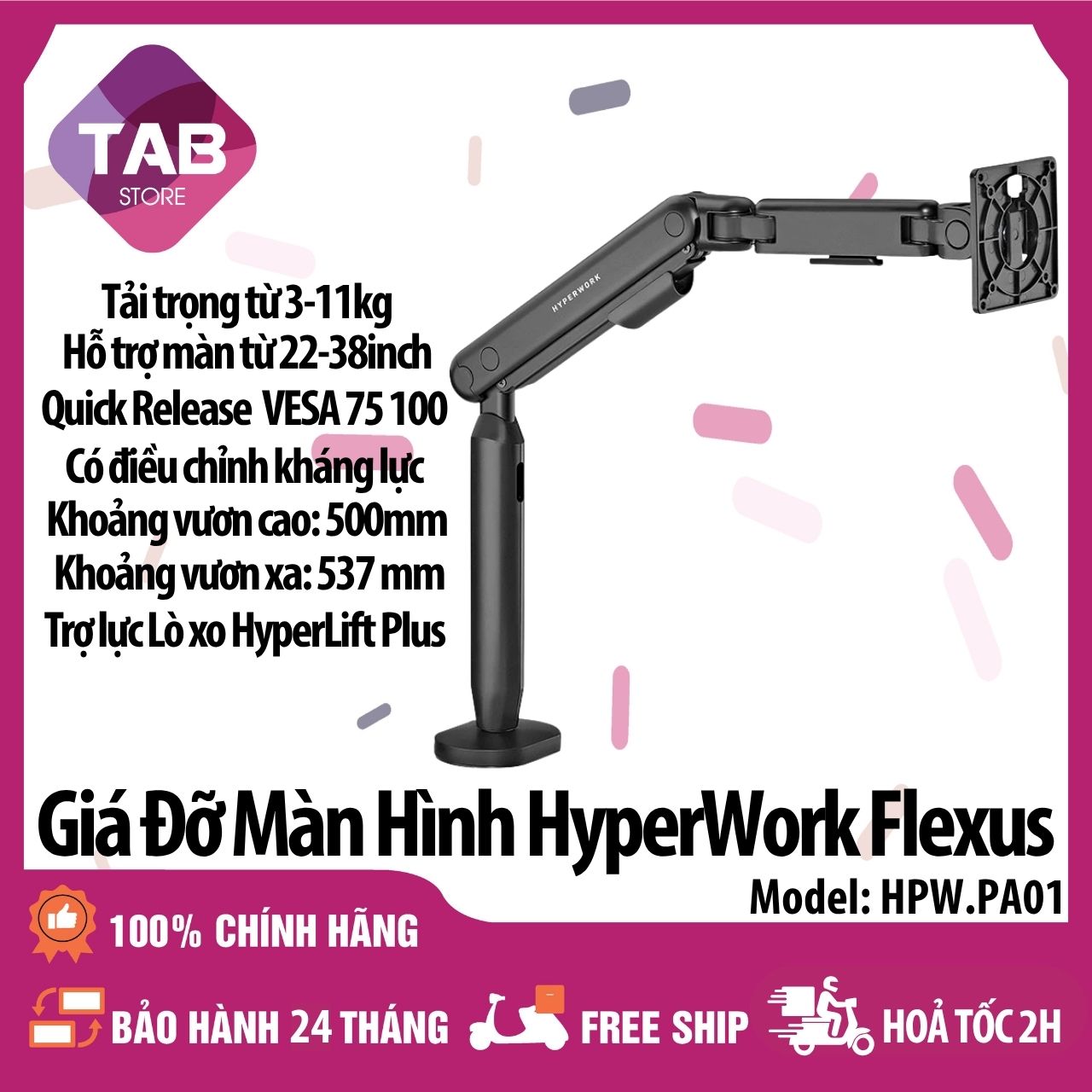 Giá Đỡ Màn Hình HyperWork Flexus , Trọng tải 3-11kg, Nâng màn 22-38 inch - Bảo Hành 24 Tháng - Đen