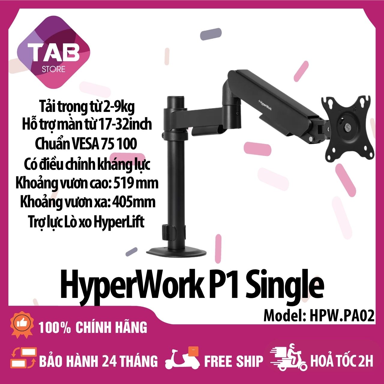 Giá Đỡ Màn Hình HyperWork P1 Single, Trọng tải 2-9kg, Nâng màn 17-32 inch - Bảo Hành 24 Tháng - Đen