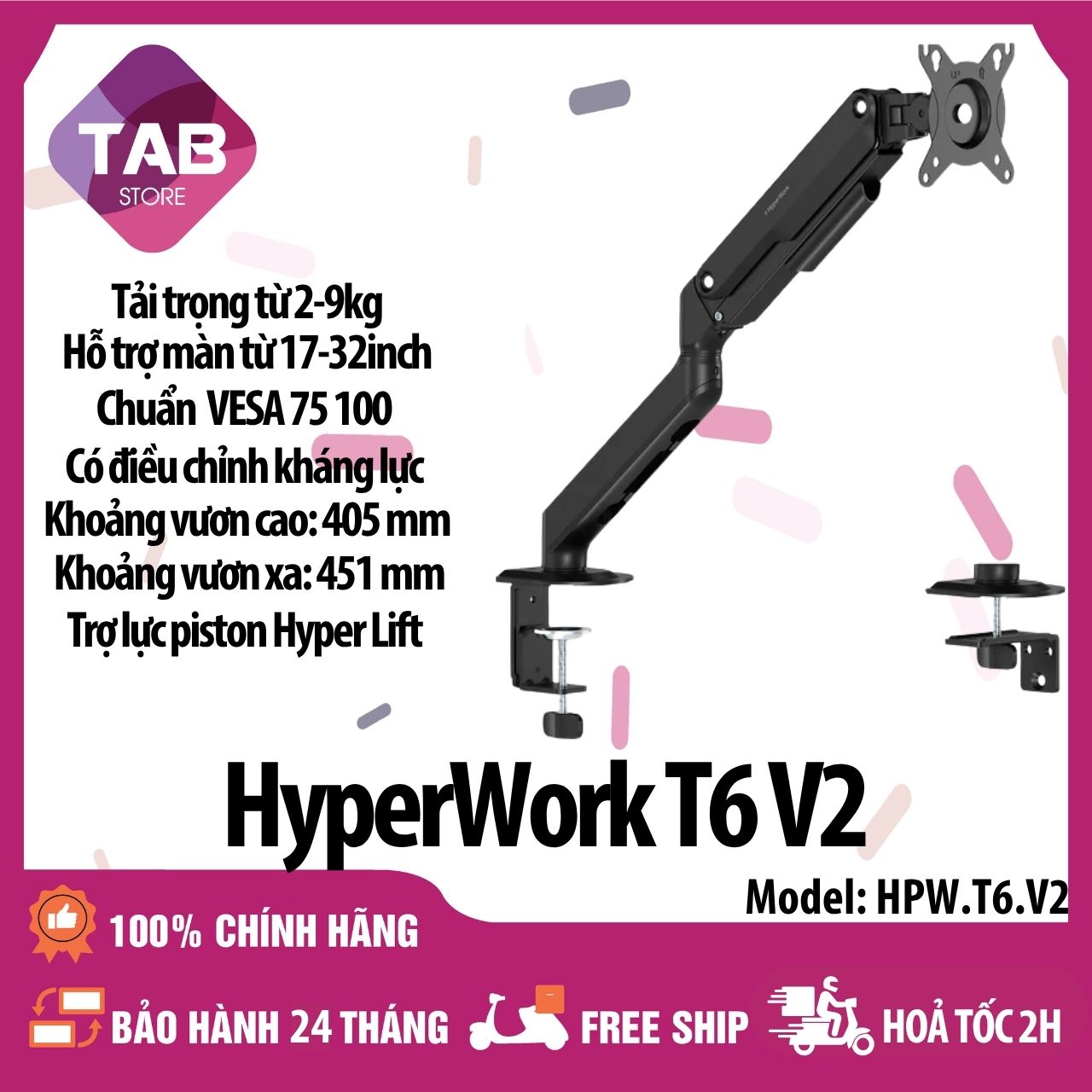 Giá Đỡ Màn Hình HyperWork T6 V2, Trọng tải 2-9kg, Nâng màn 17-32 inch - Bảo Hành 24 Tháng