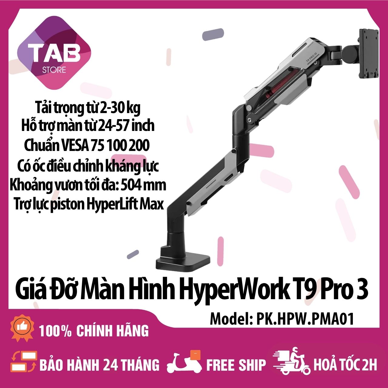 Giá Đỡ Màn Hình HyperWork T9 Pro 3 Trợ Lực Piston, Trọng tải 2-30kg - Bảo Hành 24 Tháng