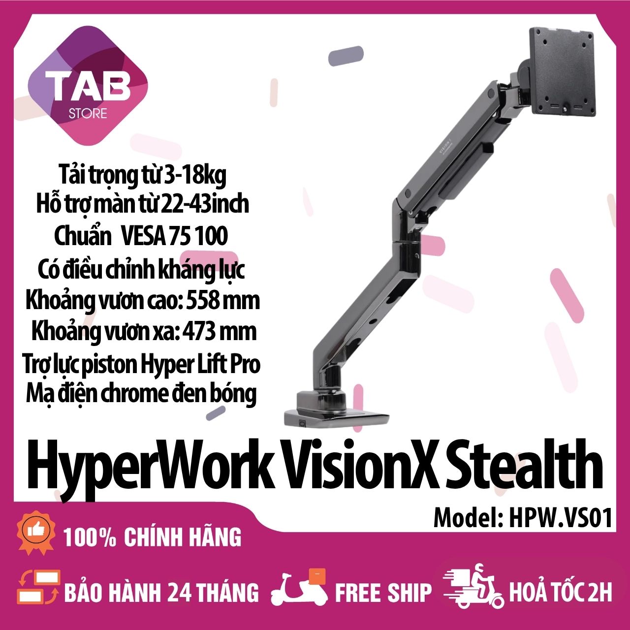 Giá Đỡ Màn Hình HyperWork VisionX Stealth, Trọng tải 3-18kg, Nâng màn 22-43 inch - Bảo Hành 24 Tháng - Đen