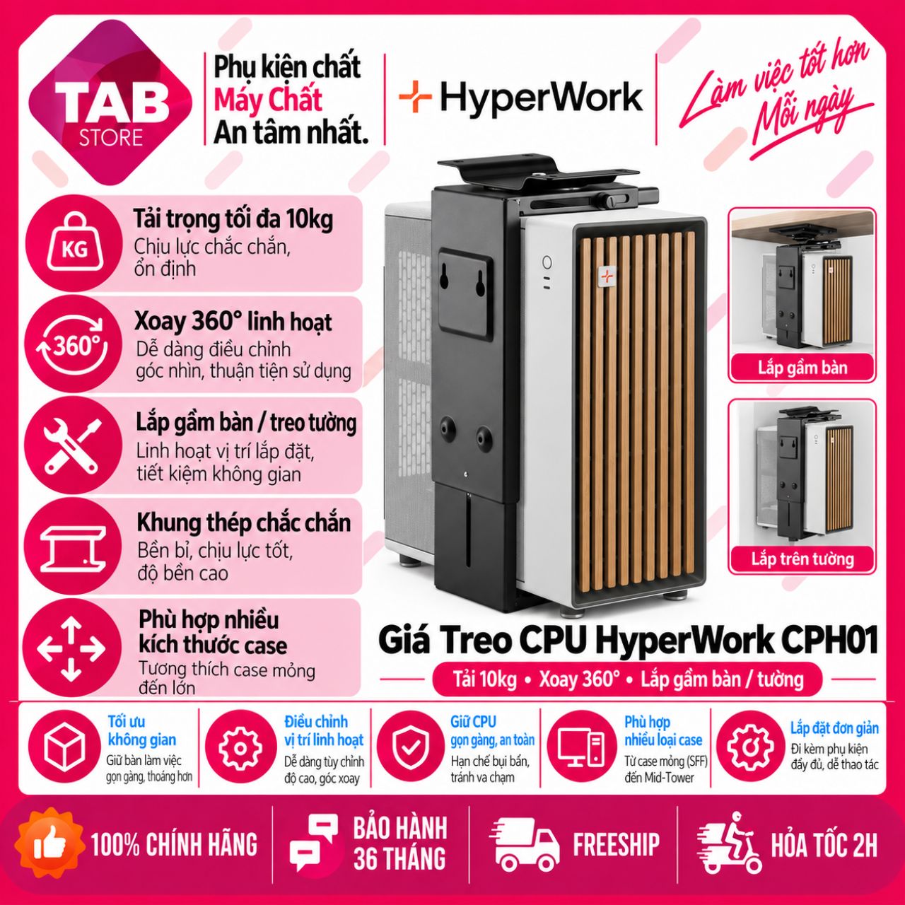 Giá Treo CPU HyperWork CPH01, Tải 10kg, Xoay 360°, Lắp Gầm Bàn/Tường - Bảo Hành 36 Tháng