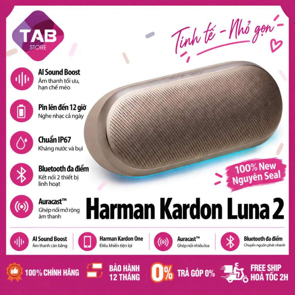 Loa Harman Kardon Luna 2, AI Sound Boost, Pin 12 Giờ, Chống Nước IP67 - Bảo Hành 12 Tháng