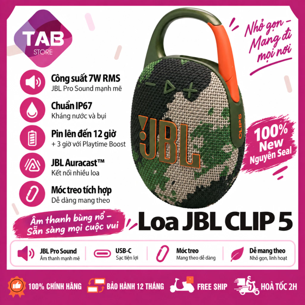 Loa JBL Clip 5 Chính Hãng PGI - Bảo Hành 12 Tháng