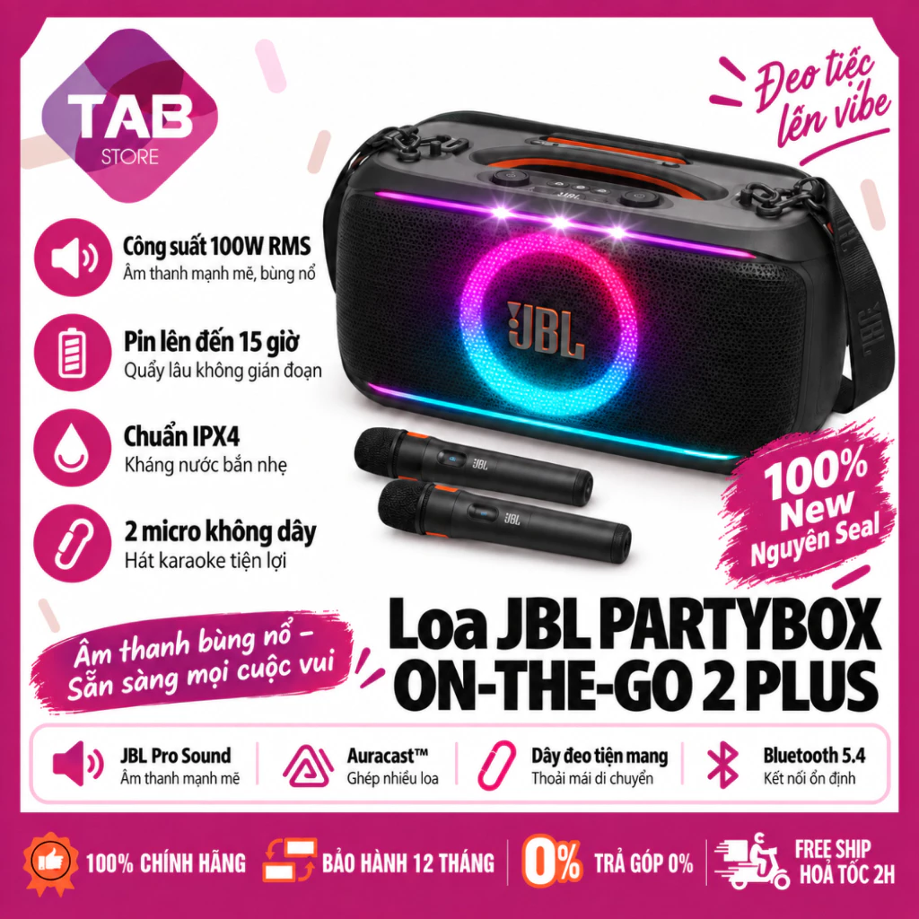 Loa JBL PartyBox On The Go 2 / On The Go 2 Plus Chính Hãng PGI - Bảo Hành 12 Tháng