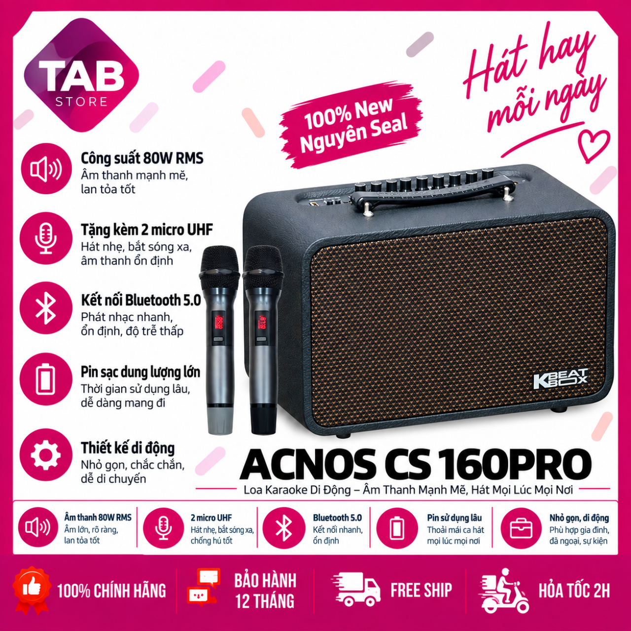 Loa Karaoke ACNOS CS160Pro 80W, Bluetooth 5.0, 2 Micro UHF Chính Hãng SONCAMEDIA - Bảo Hành 12 Tháng - CS160 Pro Đen