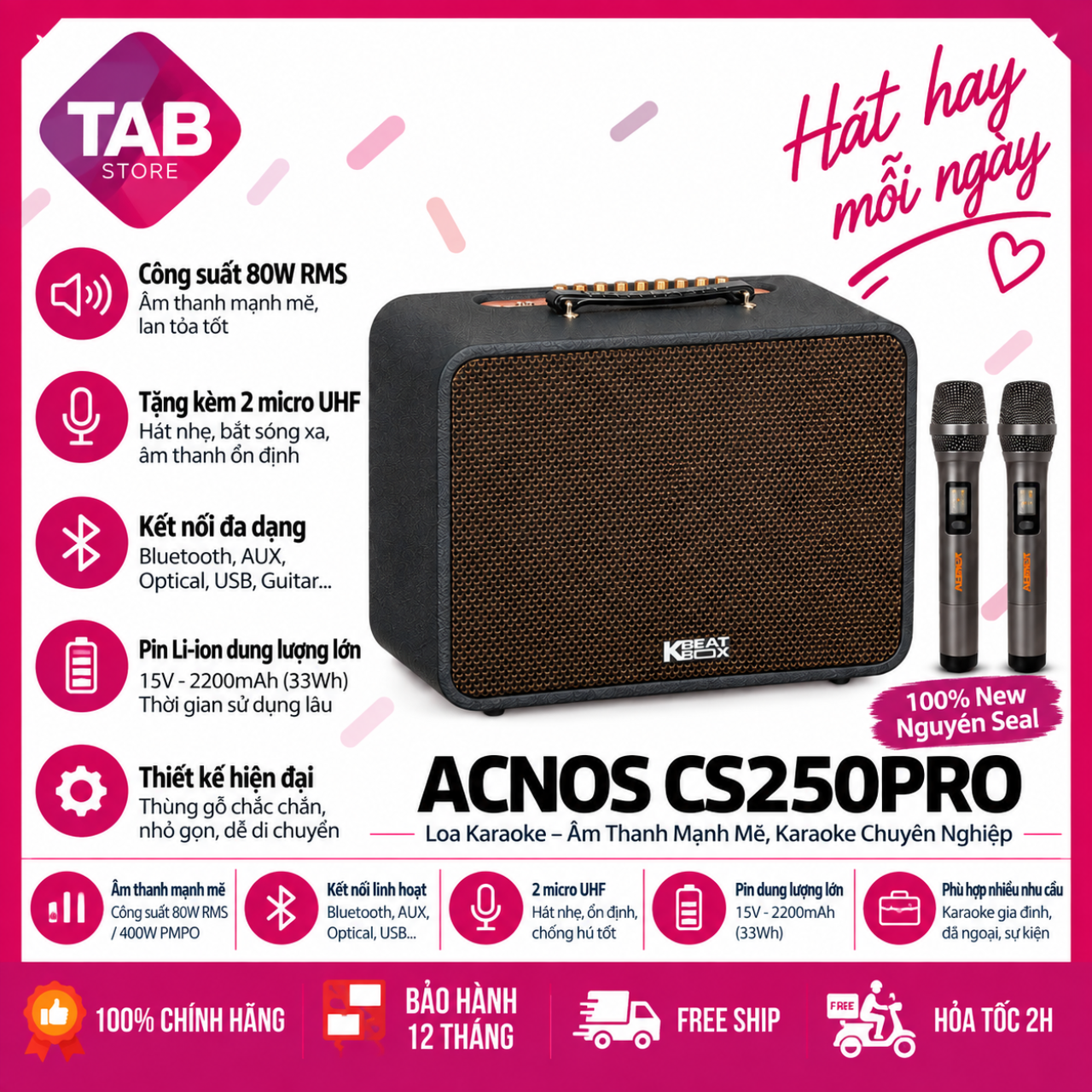 Loa Karaoke ACNOS CS250PRO 80W, Bass 25cm, 2 Micro UHF Chính Hãng - Bảo Hành 12 Tháng - CS250 Pro Đen