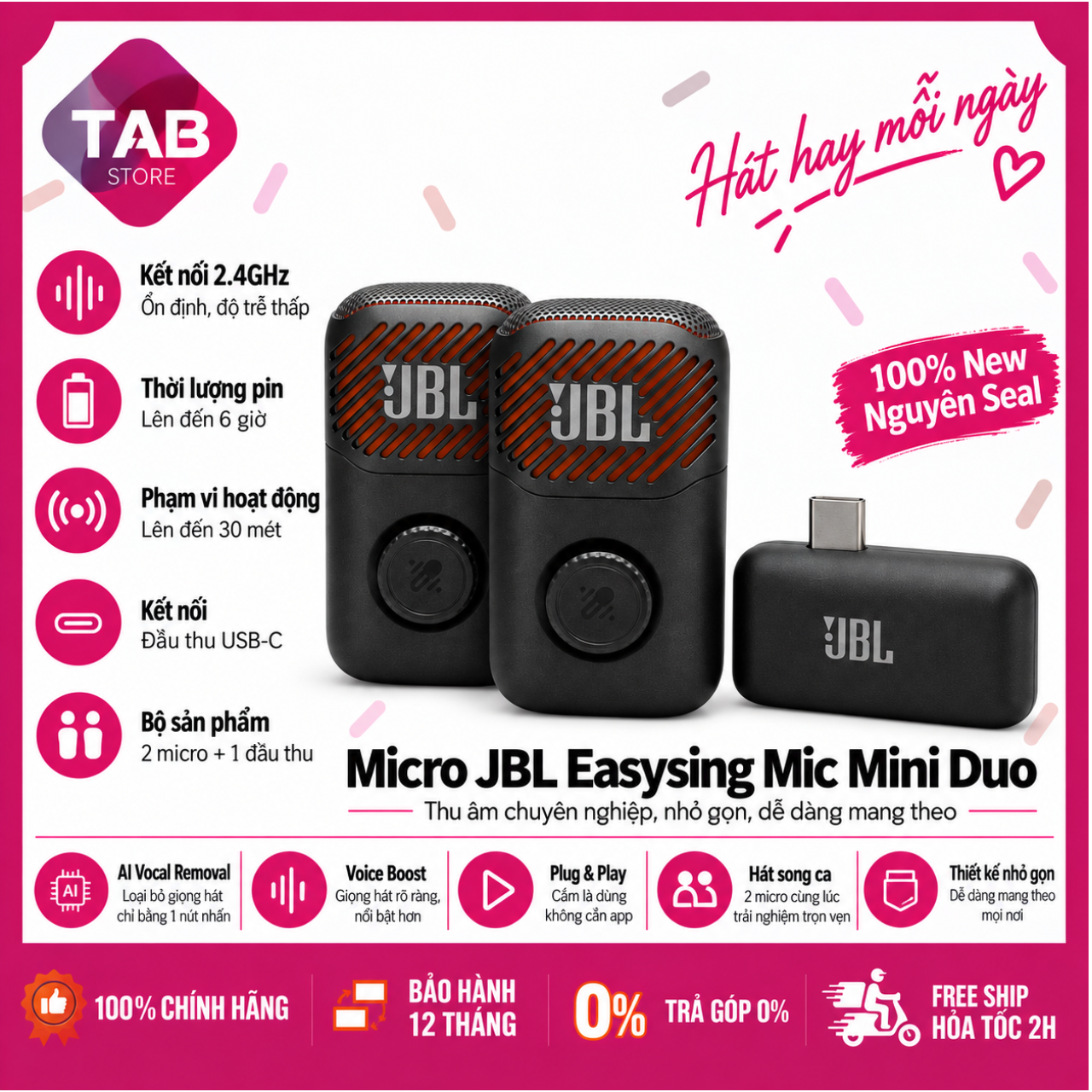 Micro JBL EasySing Mic Mini / Mini Duo, AI Tách Lời Chính Hãng PGI - Bảo Hành 12 Tháng