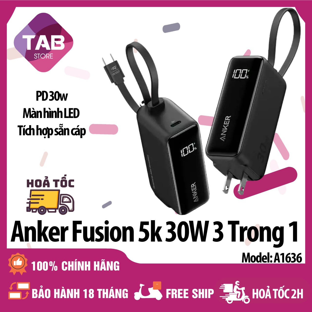Sạc Anker Fusion 3 Trong 1 5.000mAh 30w PD/IQ 3.0 A1636 A1633 - Bảo Hành 18 Tháng - A1636 Đen