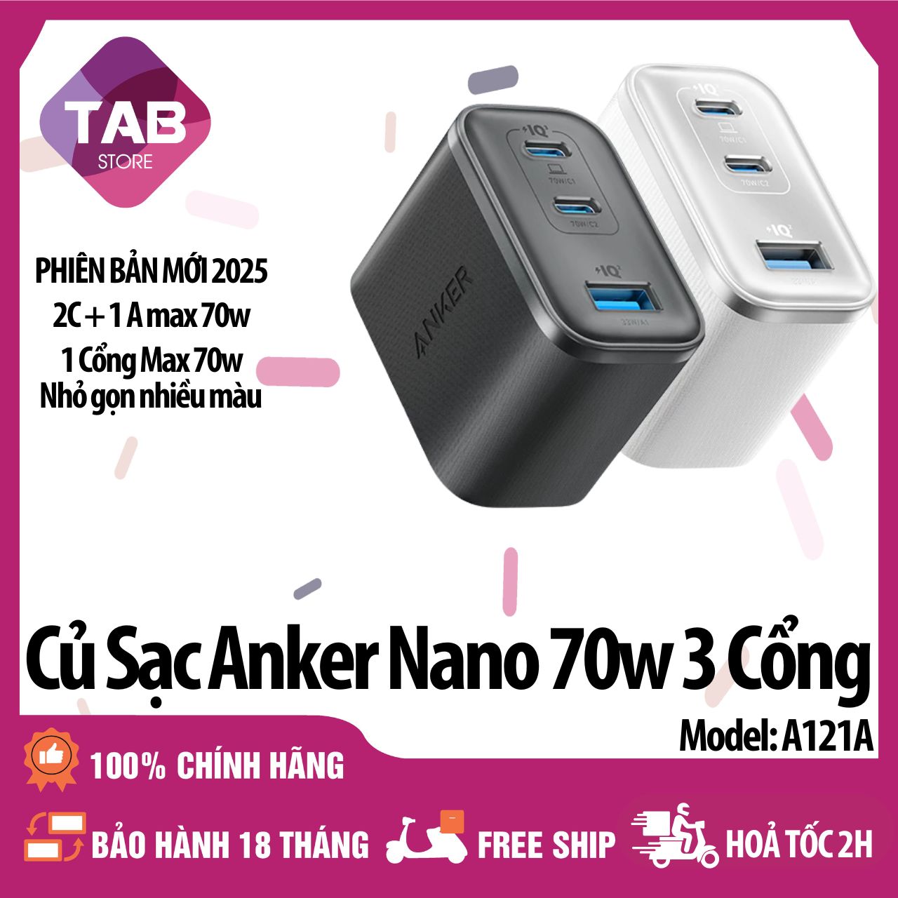 Sạc Anker Nano 70W 3 Cổng 2C+1A A121A - Bảo Hành 18 Tháng