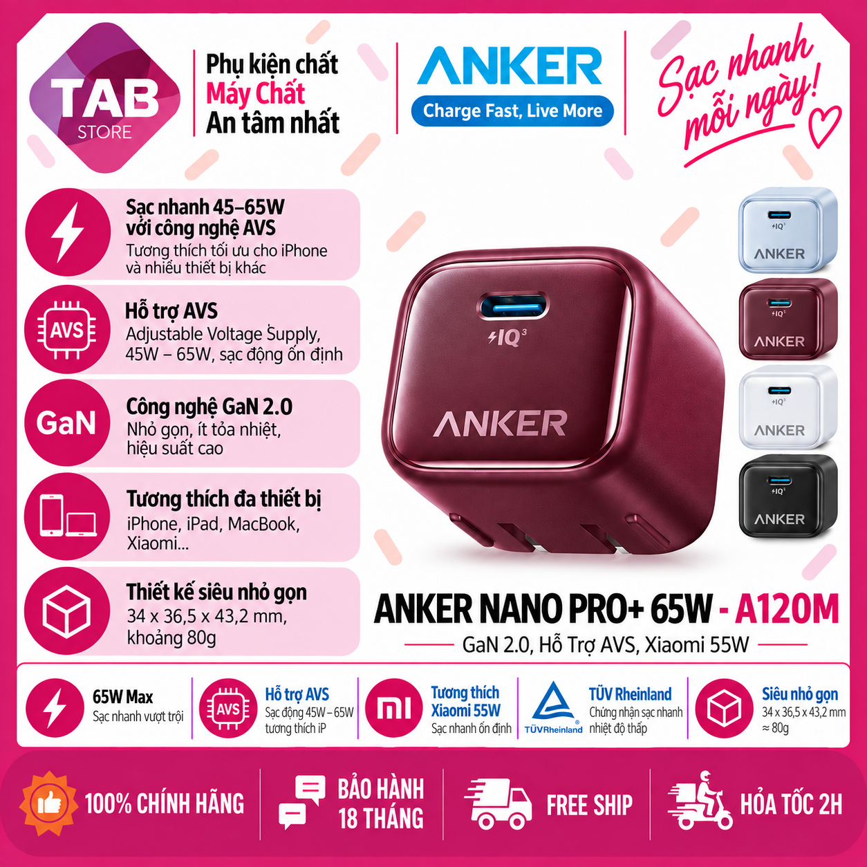 Sạc Anker Nano Pro+ 65W, GaN 2.0, Hỗ Trợ AVS, Xiaomi 55W A120M Chính Hãng - Bảo Hành 18 Tháng