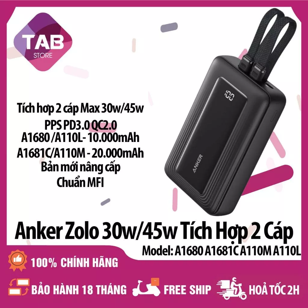 Sạc Anker Zolo 10.000/20.000mAh Tích Hợp 2 Cáp 35w 45w A1681C A110M A110L - Bảo Hành 18 Tháng